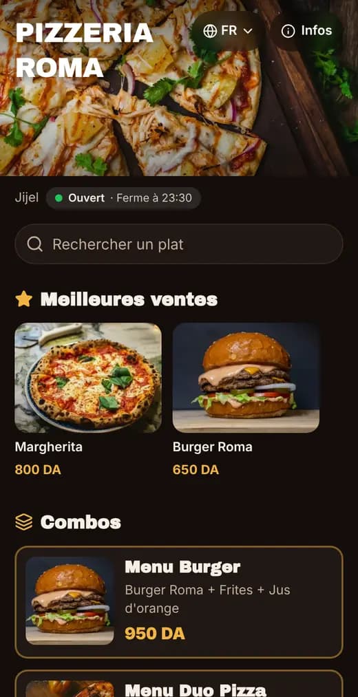 Un menu Liinky sur téléphone : bannière, meilleures ventes et combos